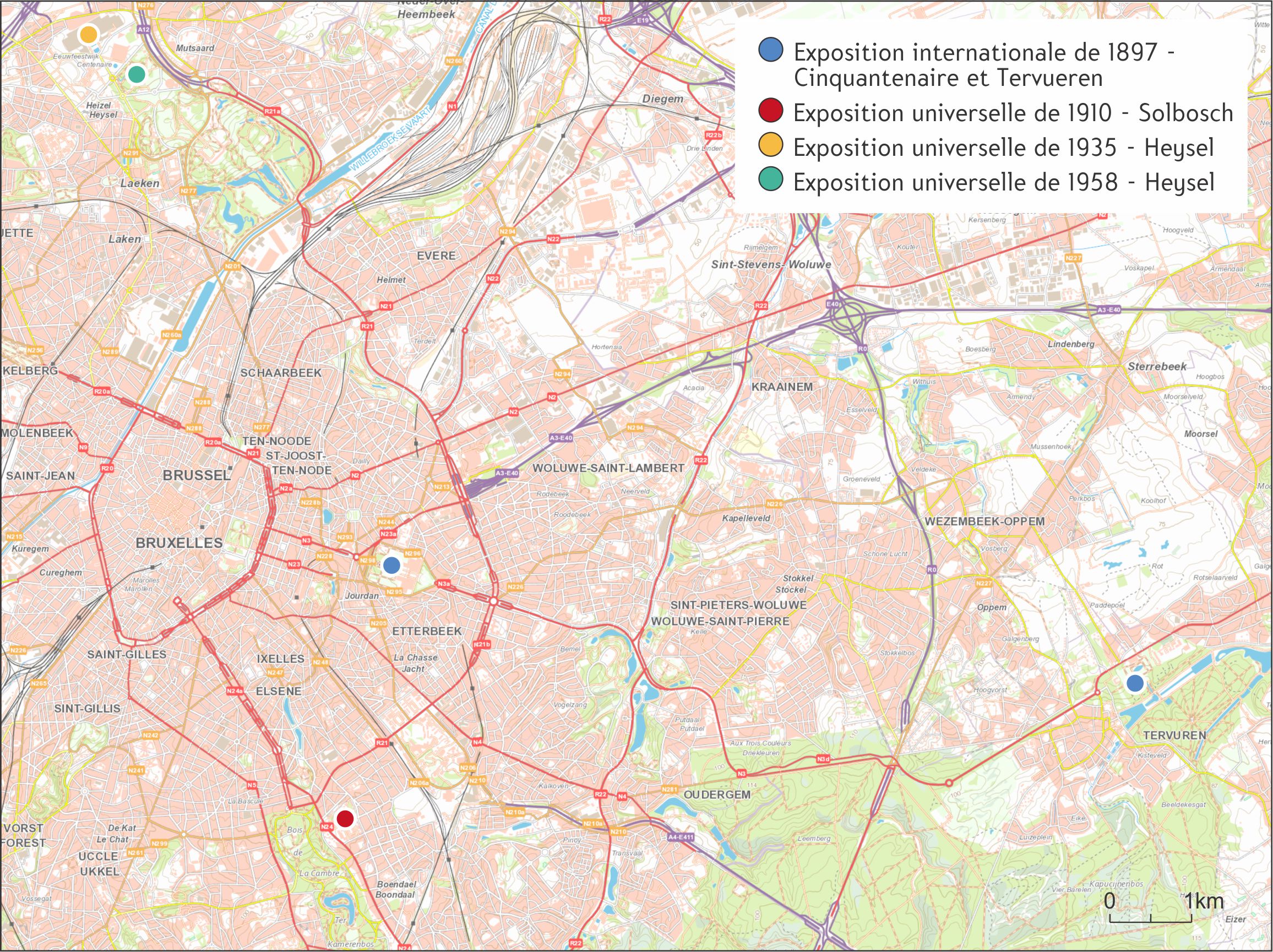 Carte de Bruxelles avec des indications sur les lieux où les expositions universelles se sont déroulées