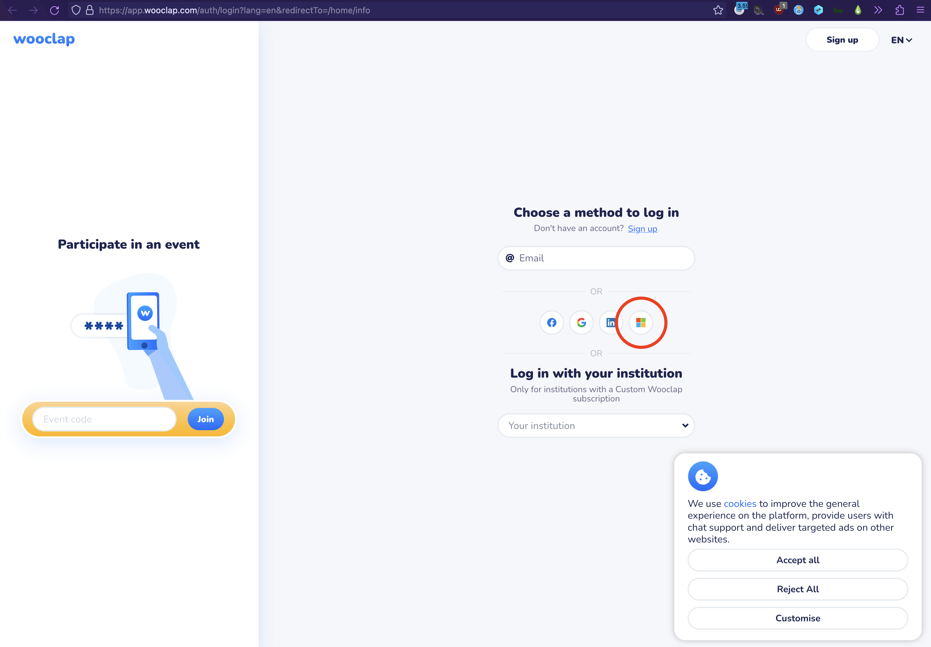 Capture d'écran page d'accueil Wooclap avec bouton login Microsoft 365 entouré