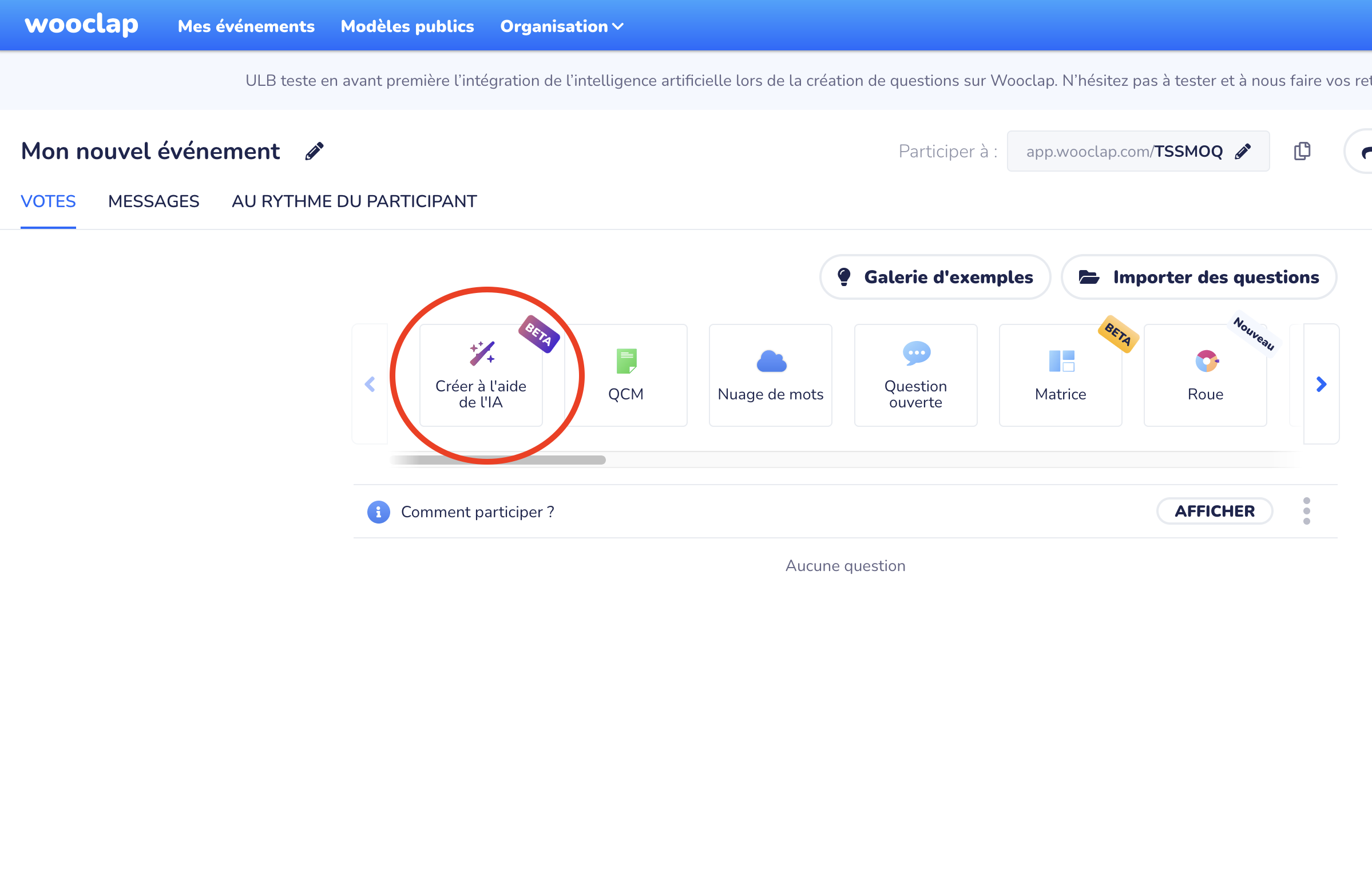 Capture d'écran de la page d'accueil d'un événement Wooclap, présentant le nouveau type de question Créer à l'aide de l'IA