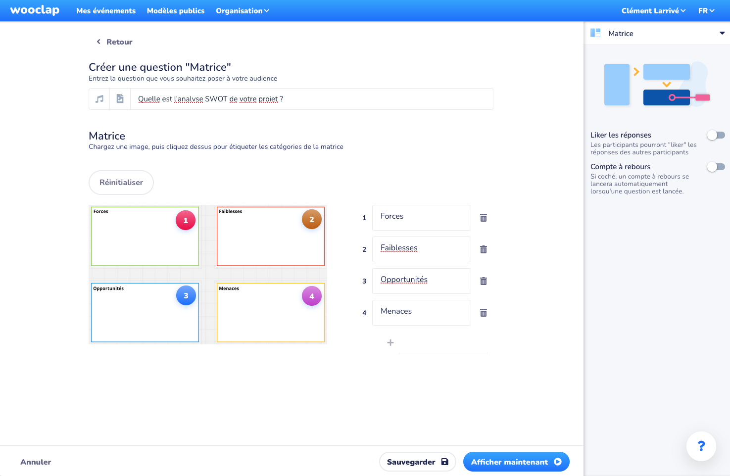 Capture d'écran question Matrice dans Wooclap