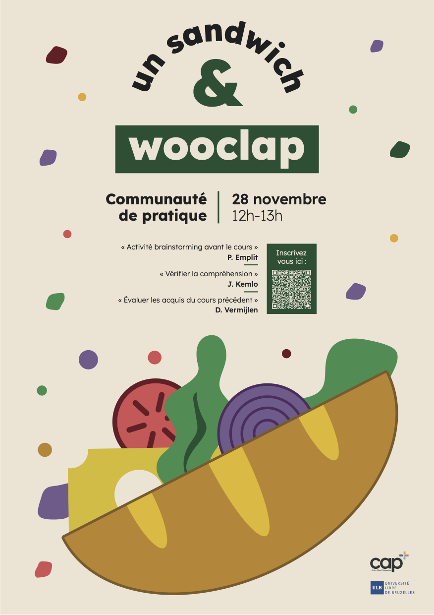 Affiche : présentation de la communauté de pratique un sandwich et wooclap du lundi 28 novembre 2022, entre 12h et 13h