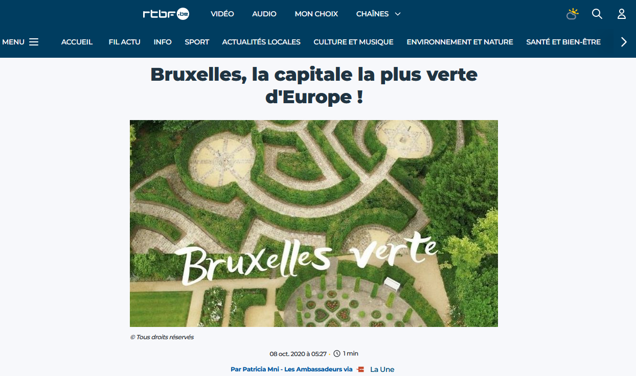 Article de presse de la RTBF intitulé : Bruxelles, la capitale la plus verte d'Europe !